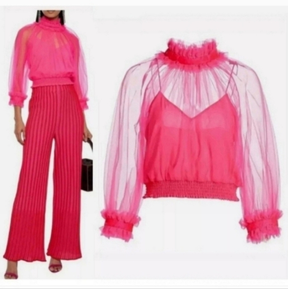 Alice + Olivia Pants - Alice + Olivia Alexia Ruffled Sheer Blouse in Pink Size XS